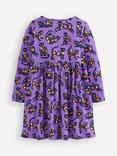 Mini Boden Kids' Cotton Long Sleeved Heart Pocket Dress, Purple Spooky Cats