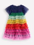 Mini Boden Kids' Tulle Short Sleeved Tiered Dress, Rainbow Multi