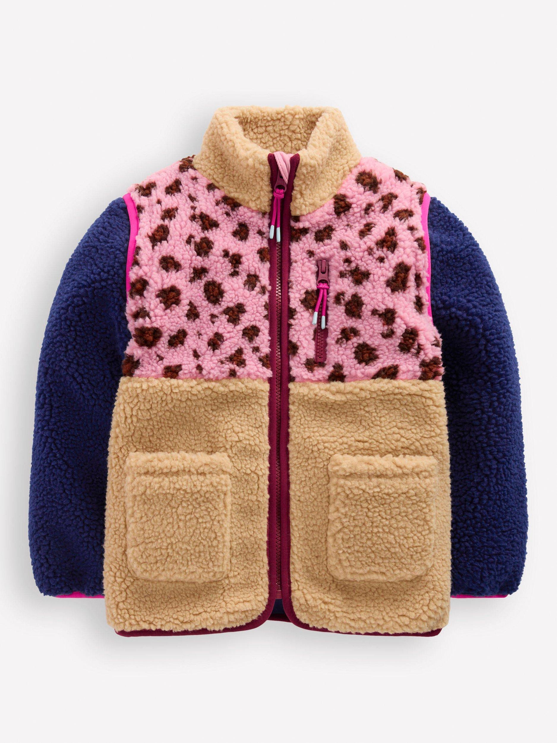 Product image 1 of 5, which shows Mini Boden Kids' 2-in-1 Zip Sleeved  Borg Jacket, Pink Leopard, 10-11 years