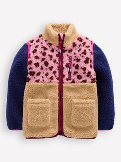 Mini Boden Kids' 2-in-1 Zip Sleeved  Borg Jacket, Pink Leopard, Pink Leopard
