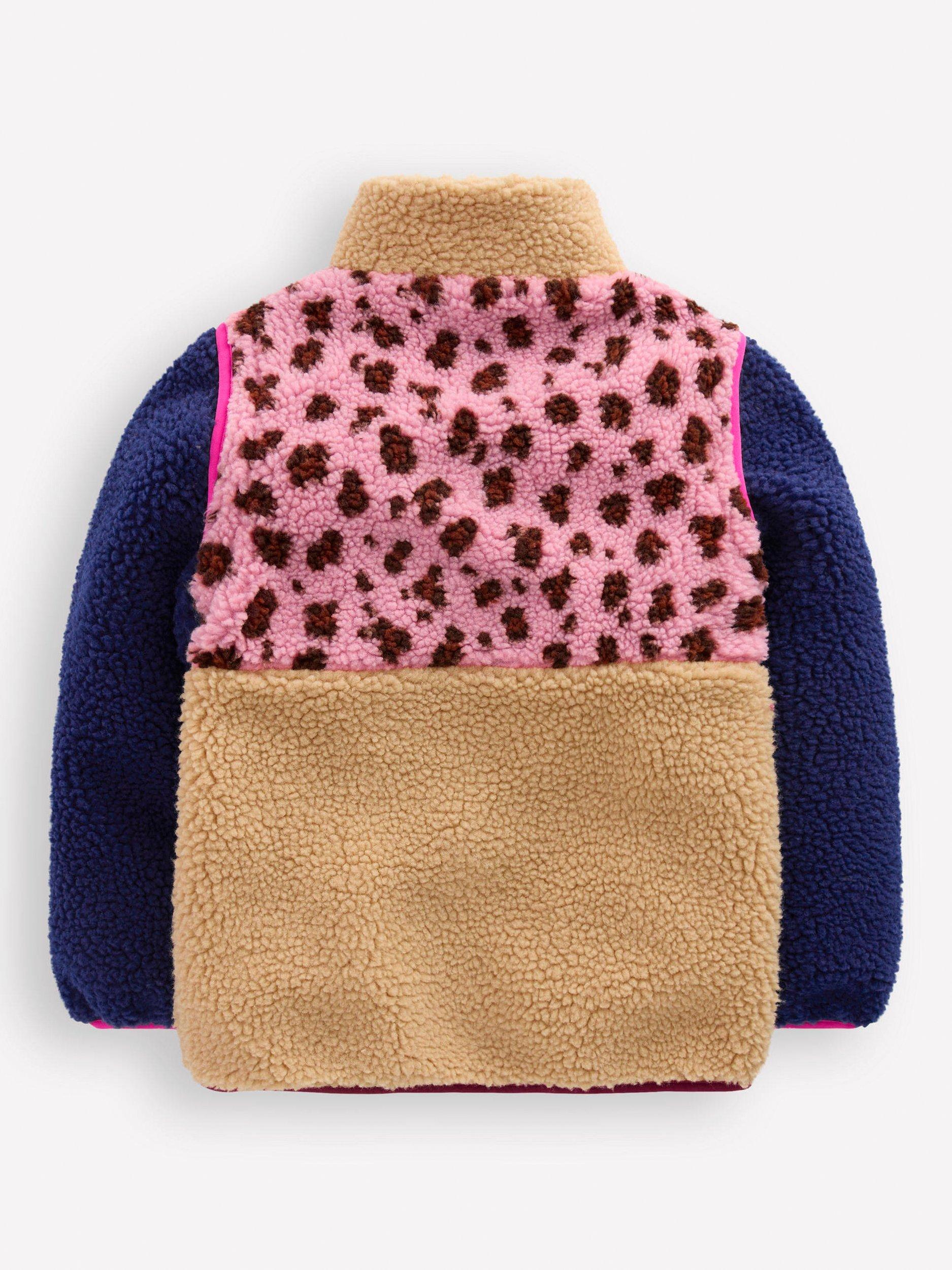 Product image 2 of 5, which shows Mini Boden Kids' 2-in-1 Zip Sleeved  Borg Jacket, Pink Leopard, 10-11 years