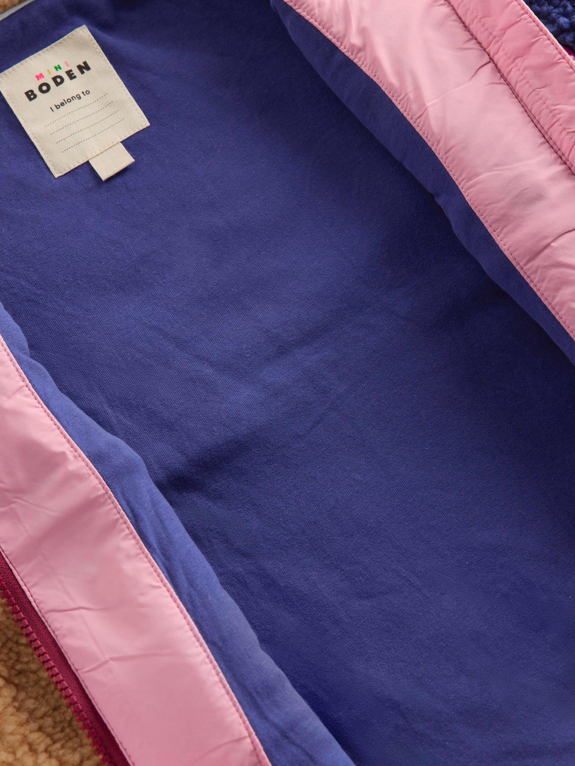 Product image 5 of 5, which shows Mini Boden Kids' 2-in-1 Zip Sleeved  Borg Jacket, Pink Leopard, 10-11 years