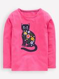 Mini Boden Kids' Cotton Long Sleeved Applique T-Shirt, Sorbet Pink Cat