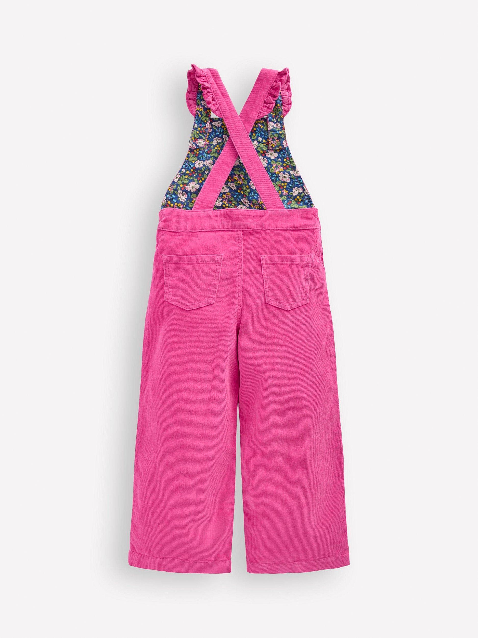 Product image 2 of 3, which shows Mini Boden Kids' Corduroy Frill Dungarees, Raspberry Pink, 5-6 years