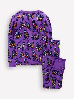 Mini Boden Kids' Cotton Glow In The Dark Pyjamas, Purple Cats - view 2, Purple Cats
