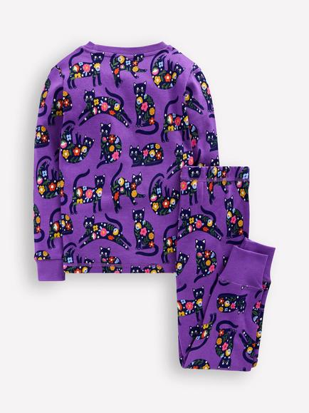 Mini Boden Kids' Cotton Glow In The Dark Pyjamas, Purple Cats - view 2, Purple Cats