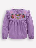 Mini Boden Kids' Cotton Blend Long Sleeved Frill Top, Purple Embroidery