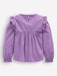 Mini Boden Kids' Cotton Blend Long Sleeved Frill Top, Purple Embroidery