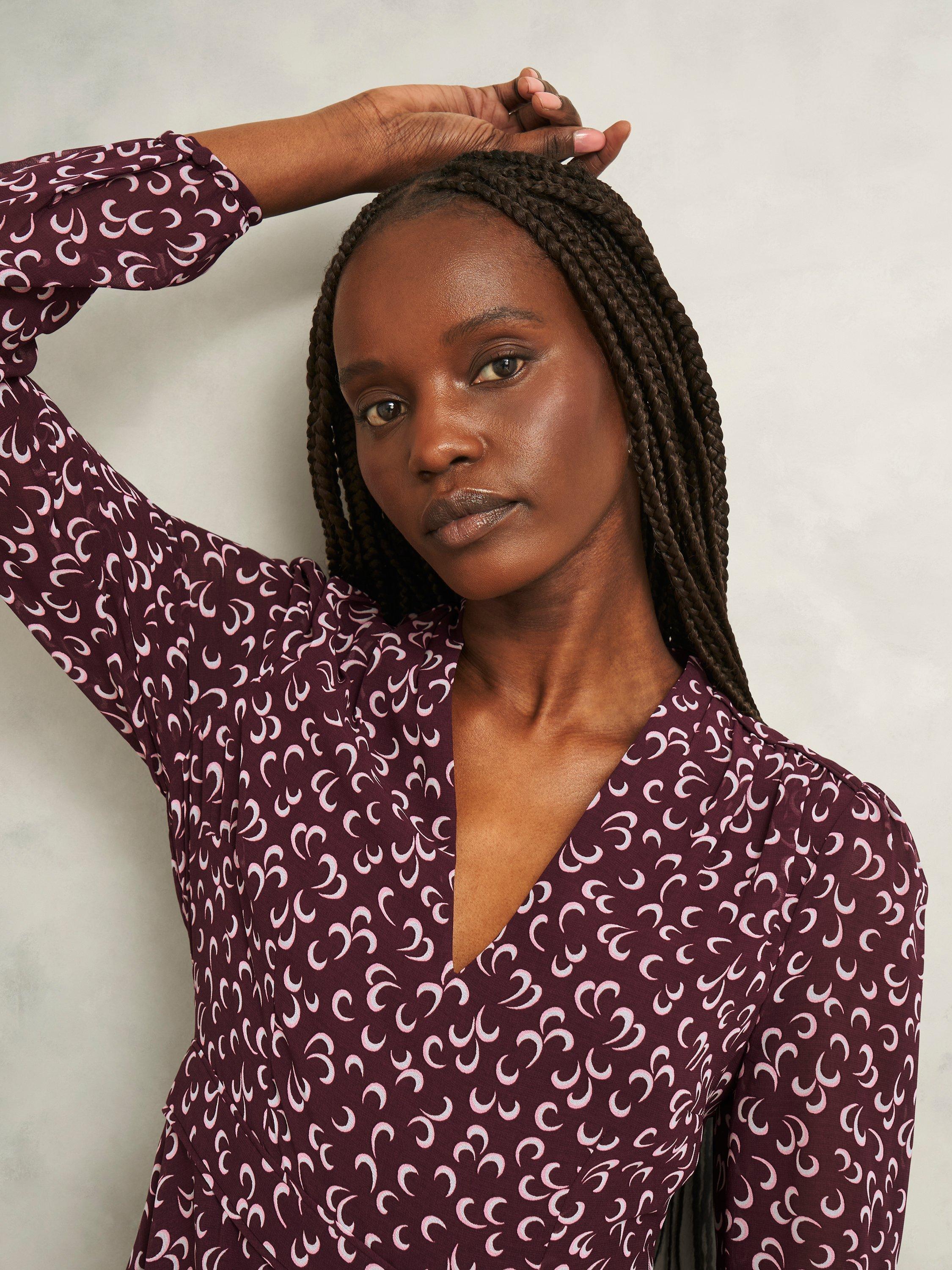 Product image 3 of 5, which shows Hobbs Aurora Celestial Jersey Dress, Onyx Red/Multi, 10