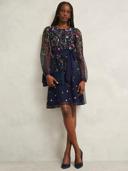 Hobbs Emmy Floral Long Puff Sleeve Round Neck Midi Dress, Midnight/Multi
