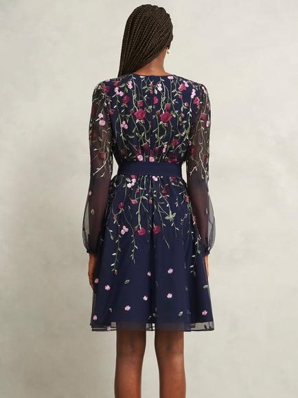 Hobbs Emmy Floral Long Puff Sleeve Round Neck Midi Dress - view 2, Midnight/Multi