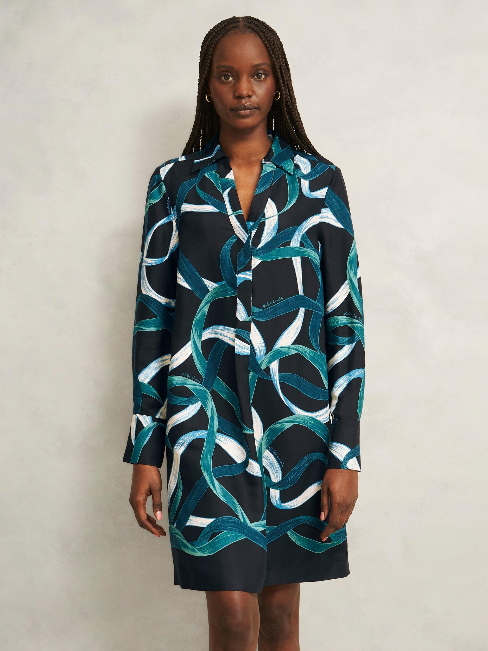 Product image 1 of 5, which shows Hobbs Marianna Ribbon Tunic Dress, Navy/Multi, 10