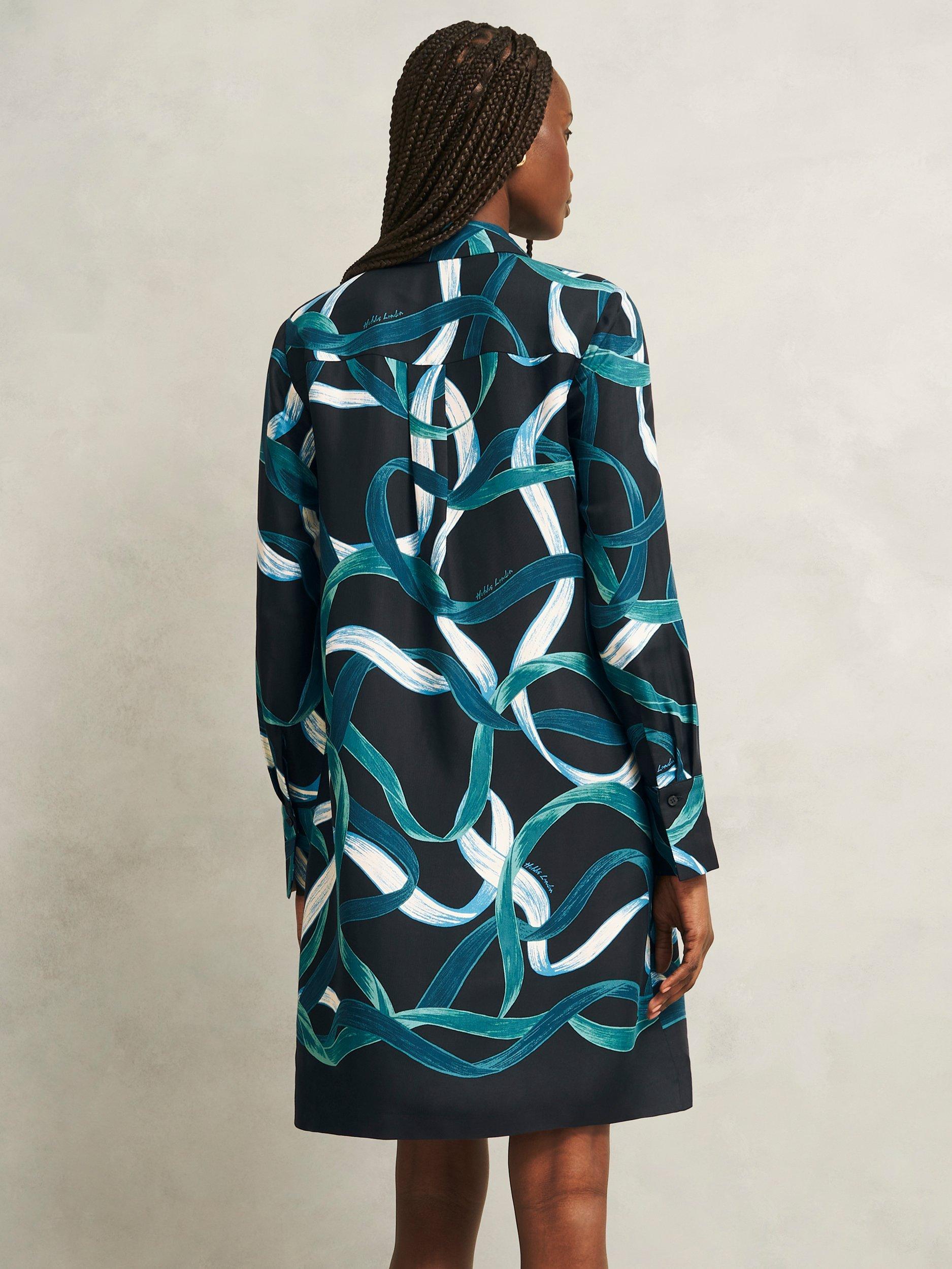 Product image 2 of 5, which shows Hobbs Marianna Ribbon Tunic Dress, Navy/Multi, 10