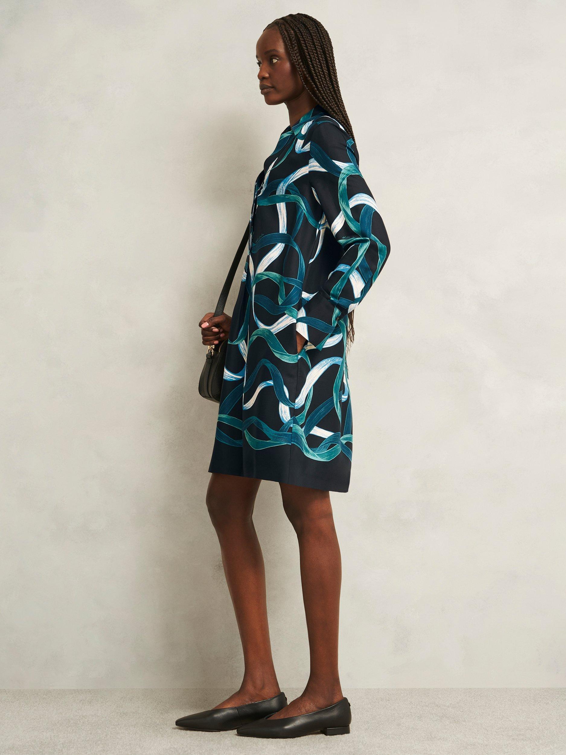 Product image 5 of 5, which shows Hobbs Marianna Ribbon Tunic Dress, Navy/Multi, 10