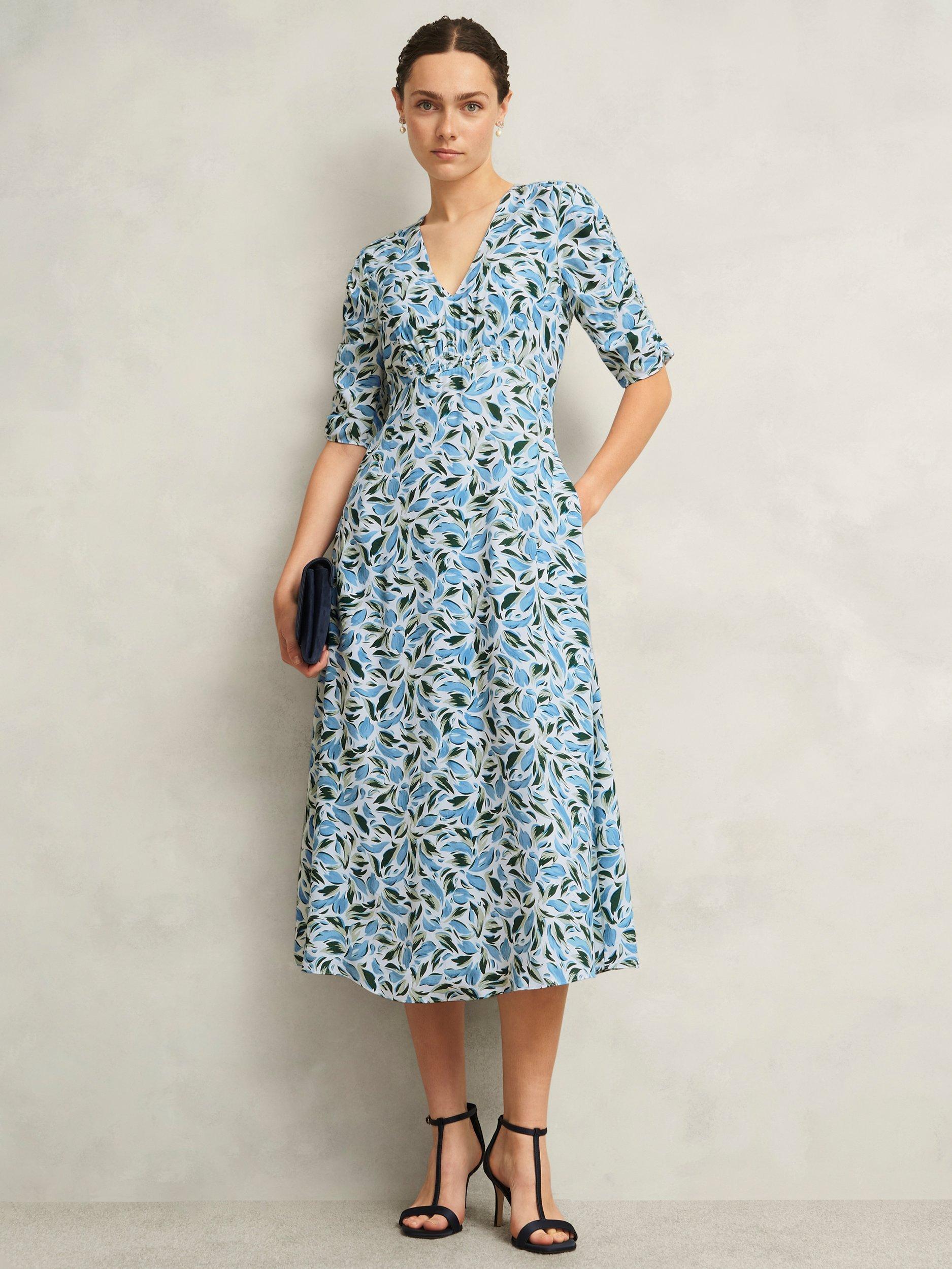 Product image 1 of 4, which shows Hobbs Petite Bonnie Leaf Print Midi Dress, Ivory/Multi, 10