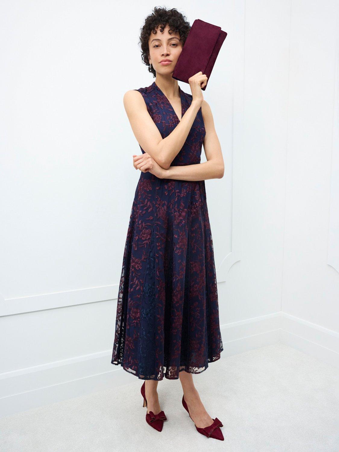 Product image 1 of 6, which shows Hobbs Quin Embroidered Flared Evening Dress, Midnight/Red, 10