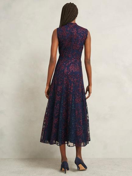Hobbs Quin Embroidered Flared Evening Dress - view 2, Midnight/Red