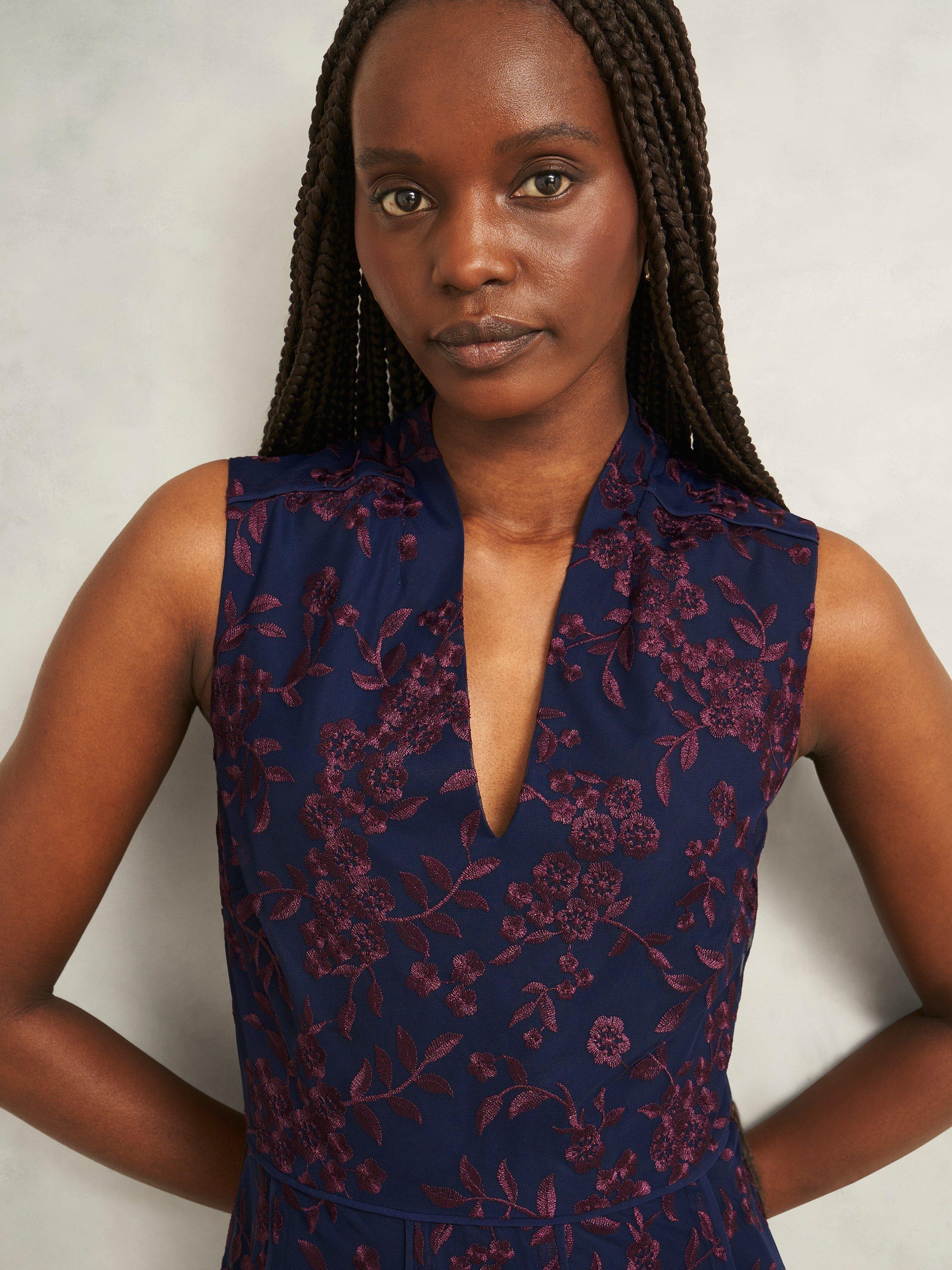 Product image 3 of 6, which shows Hobbs Quin Embroidered Flared Evening Dress, Midnight/Red, 10