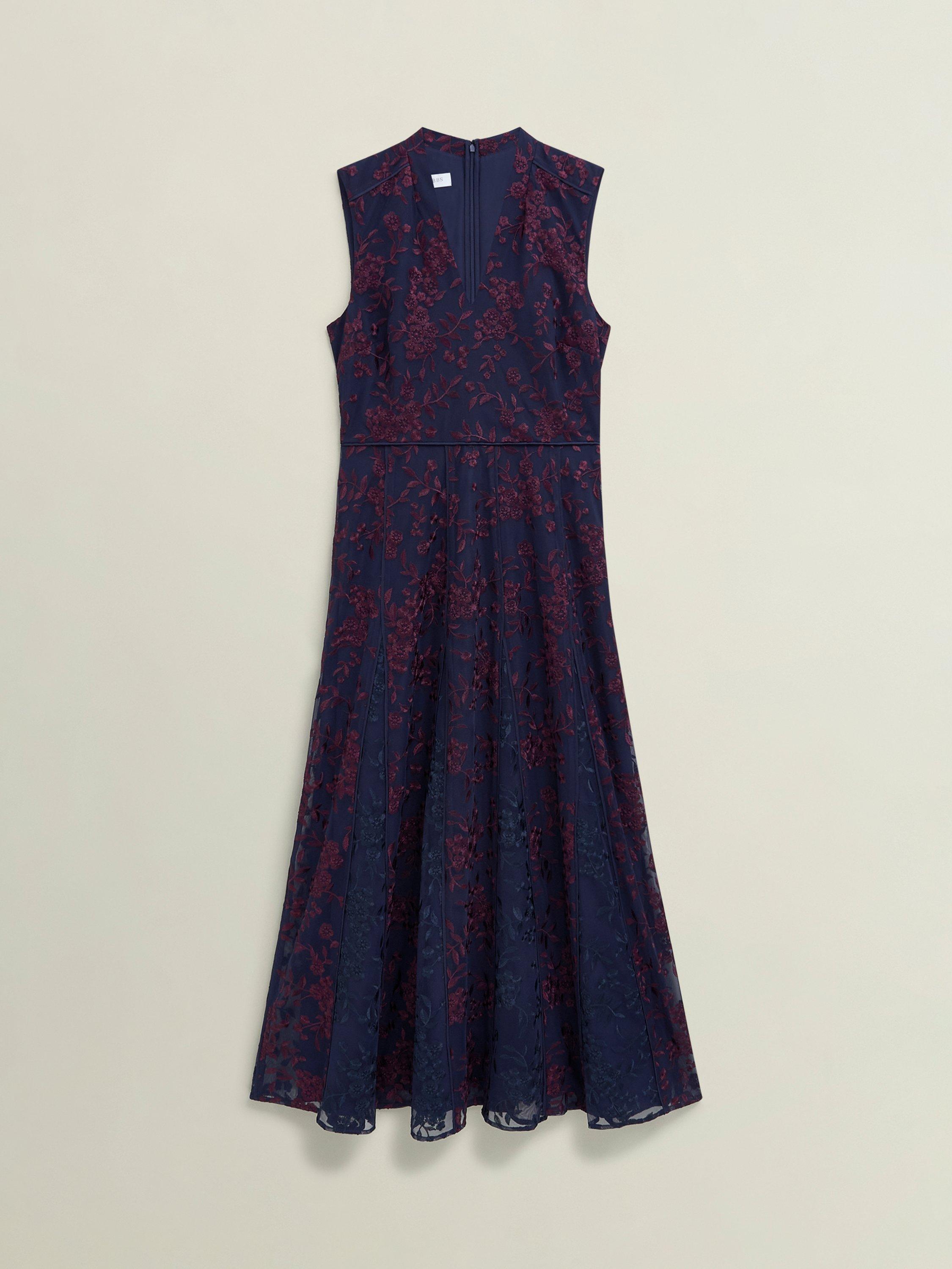 Product image 4 of 6, which shows Hobbs Quin Embroidered Flared Evening Dress, Midnight/Red, 10
