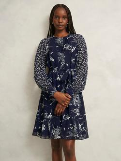 Hobbs Rosie Contrast Print Sheer Accent Dress, Midnight/Multi
