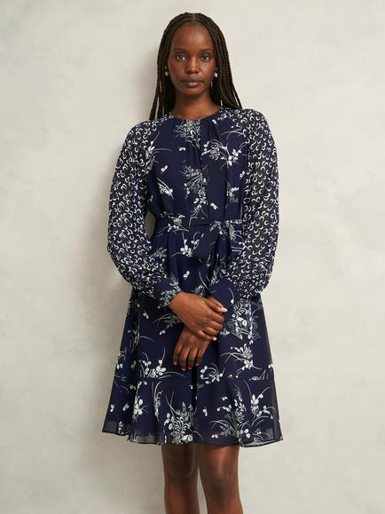 Hobbs Rosie Contrast Print Sheer Accent Dress, Midnight/Multi