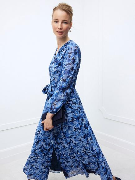 Hobbs Thea Floral Bodice Chiffon A-Line Maxi Dress, Blue/Multi