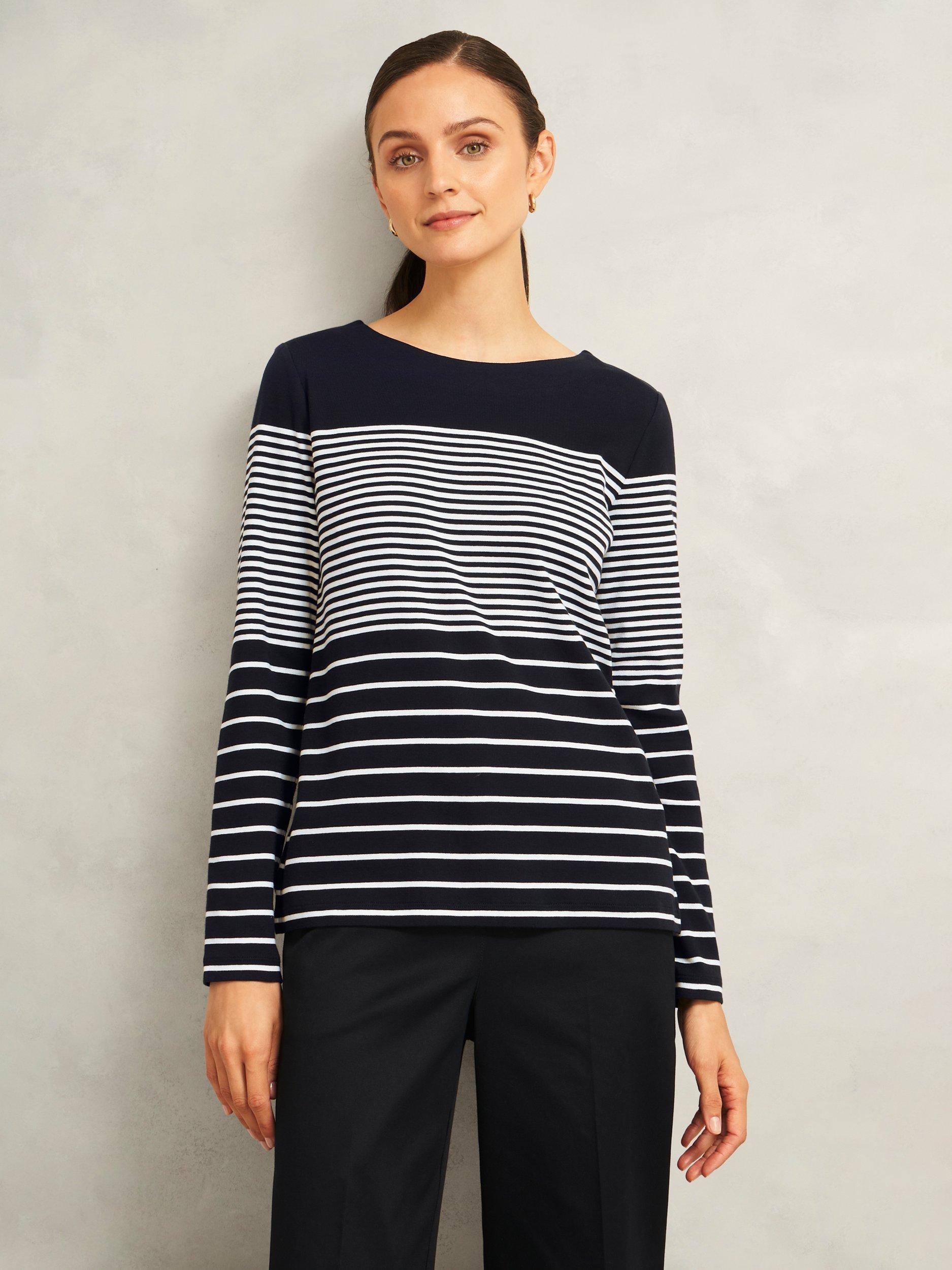 Product image 1 of 6, which shows Hobbs Constance Stripe Top, Navy/Ivory, S