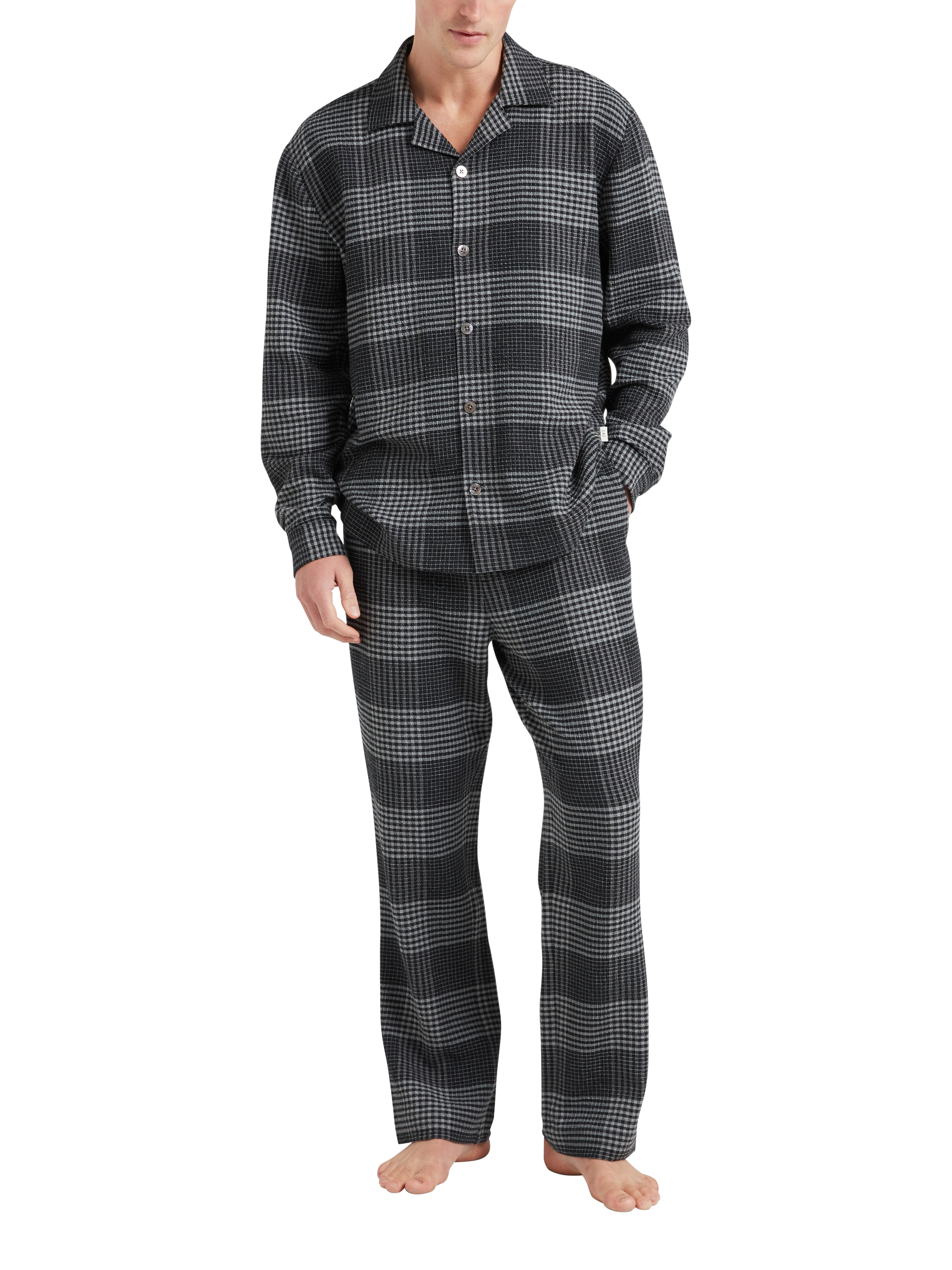 Product image 1 of 5, which shows CHÉ Studios Cotton-Cashmere Check Long Sleeve Pyjama Top, Grey Mid, S
