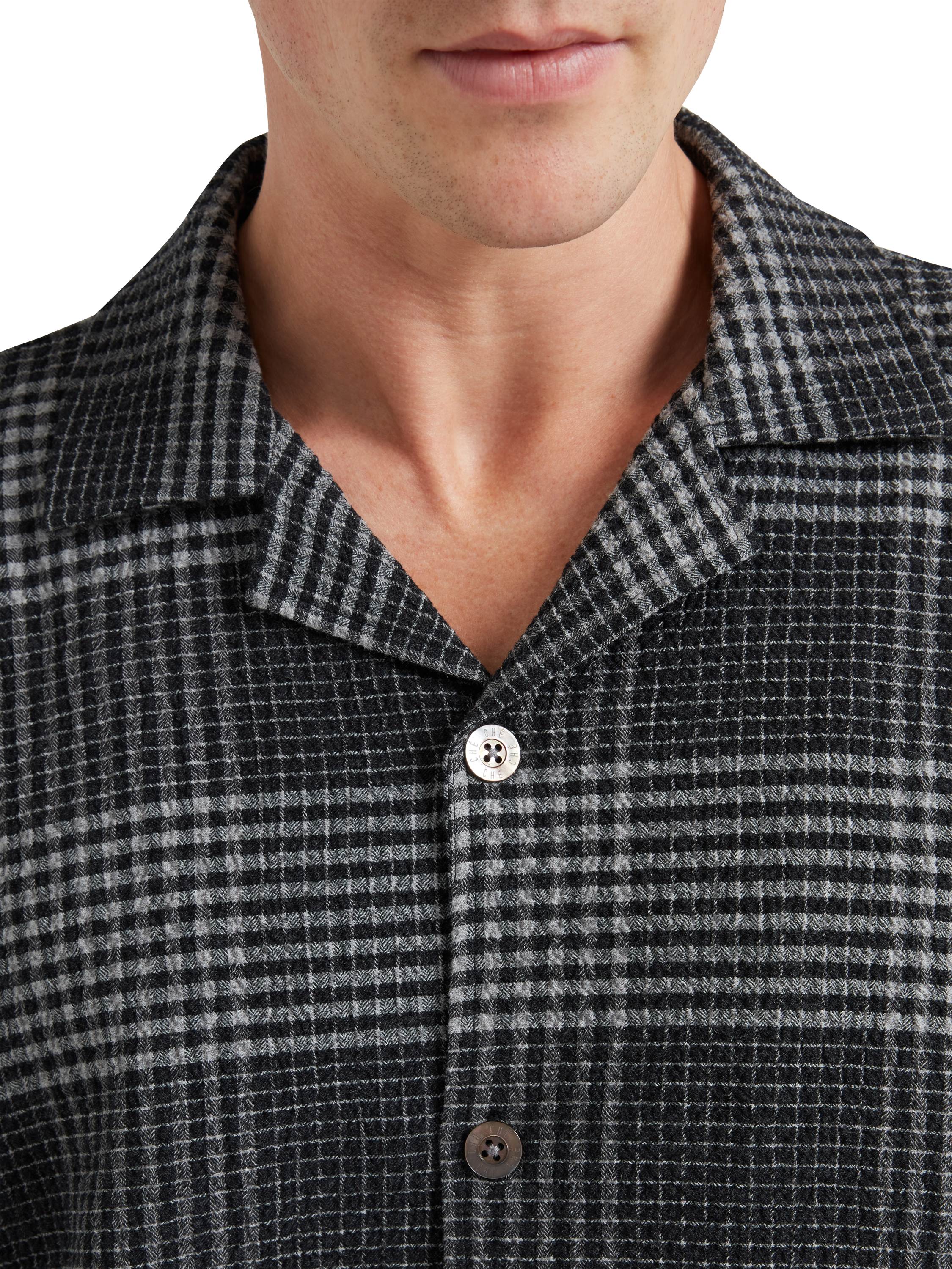 Product image 2 of 5, which shows CHÉ Studios Cotton-Cashmere Check Long Sleeve Pyjama Top, Grey Mid, S