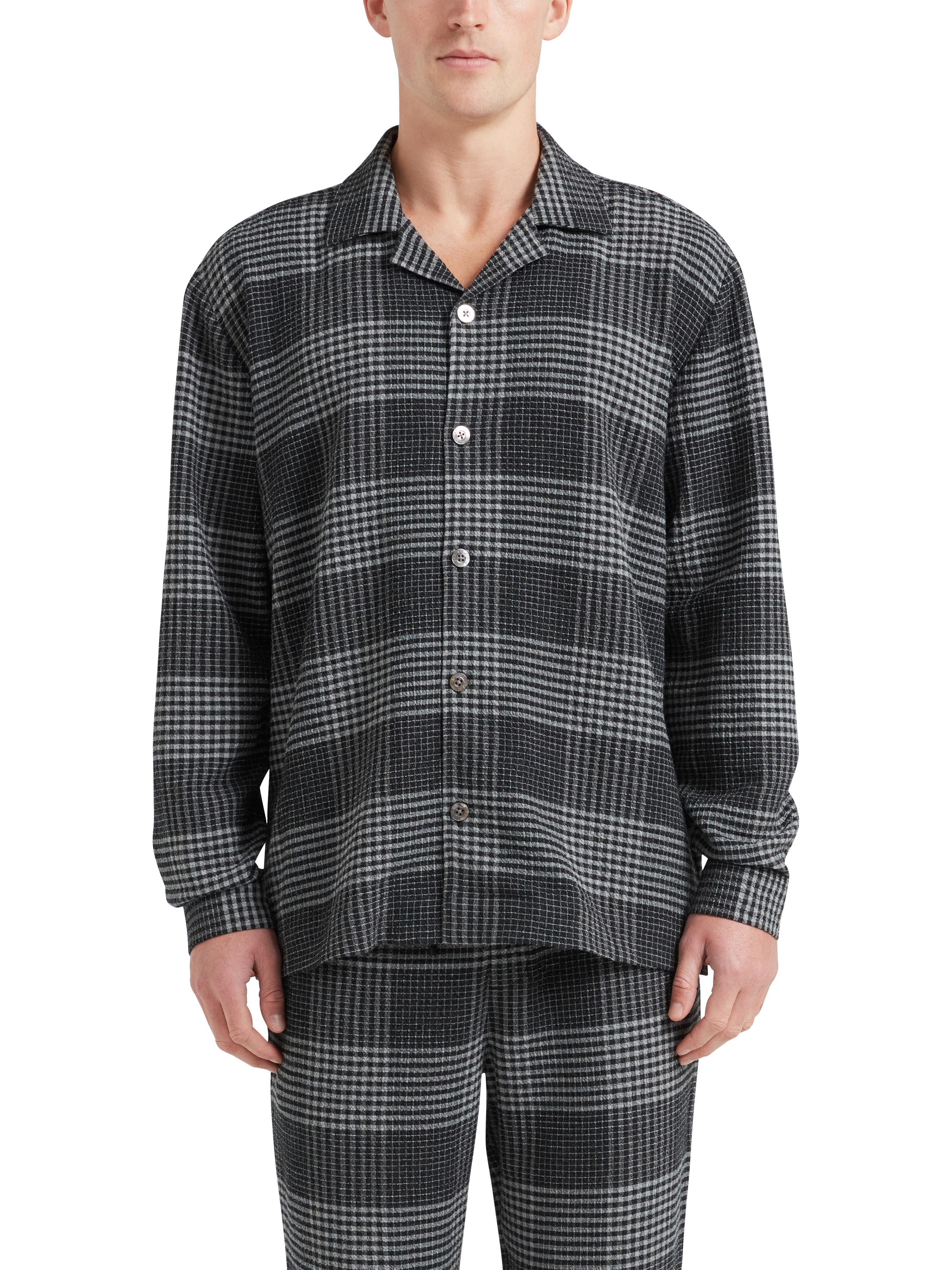 Product image 4 of 5, which shows CHÉ Studios Cotton-Cashmere Check Long Sleeve Pyjama Top, Grey Mid, S