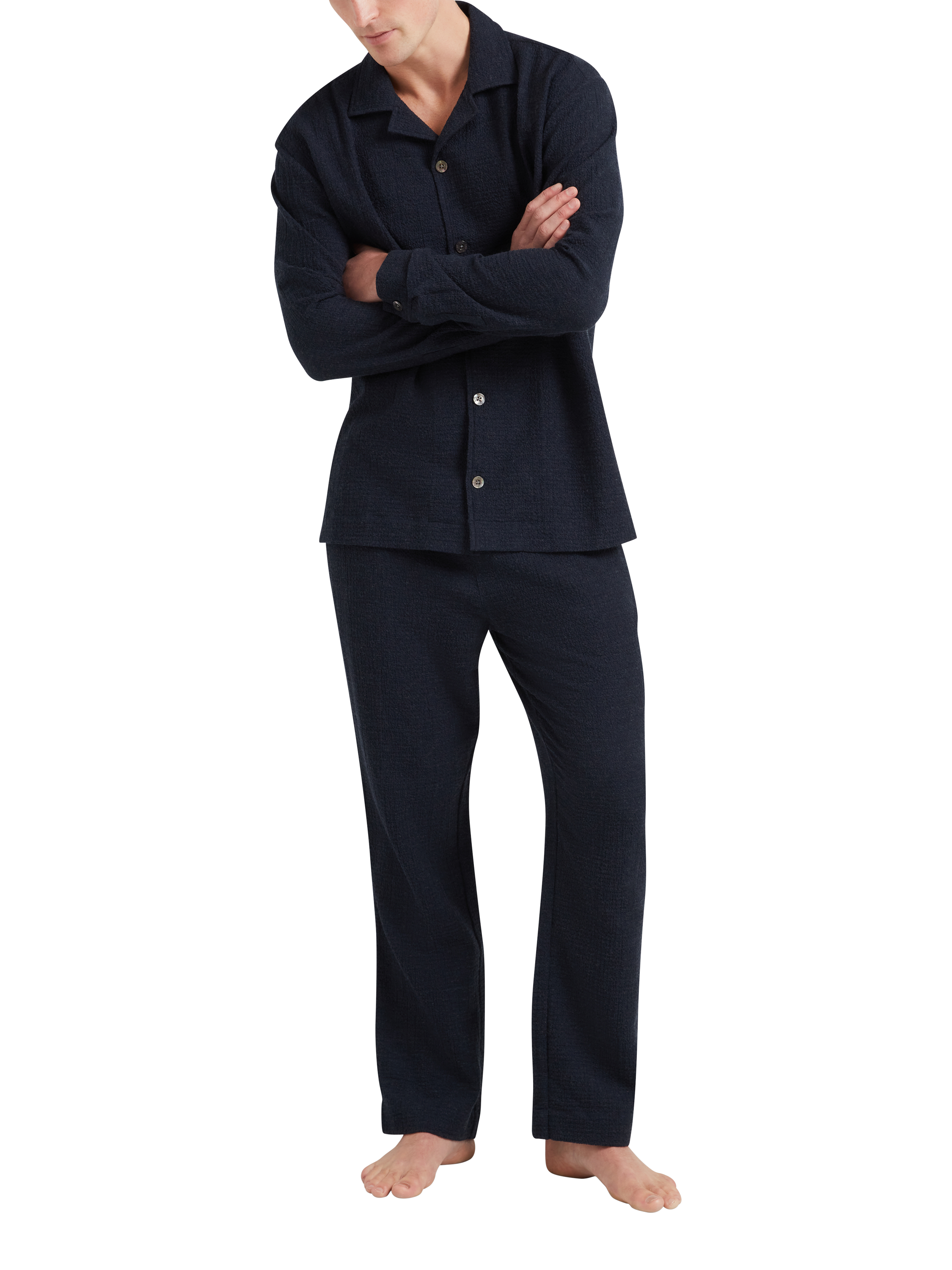 Product image 1 of 5, which shows CHÉ Studios Cotton Cashmere Blend Pyjama Trousers, Blue Navy, S