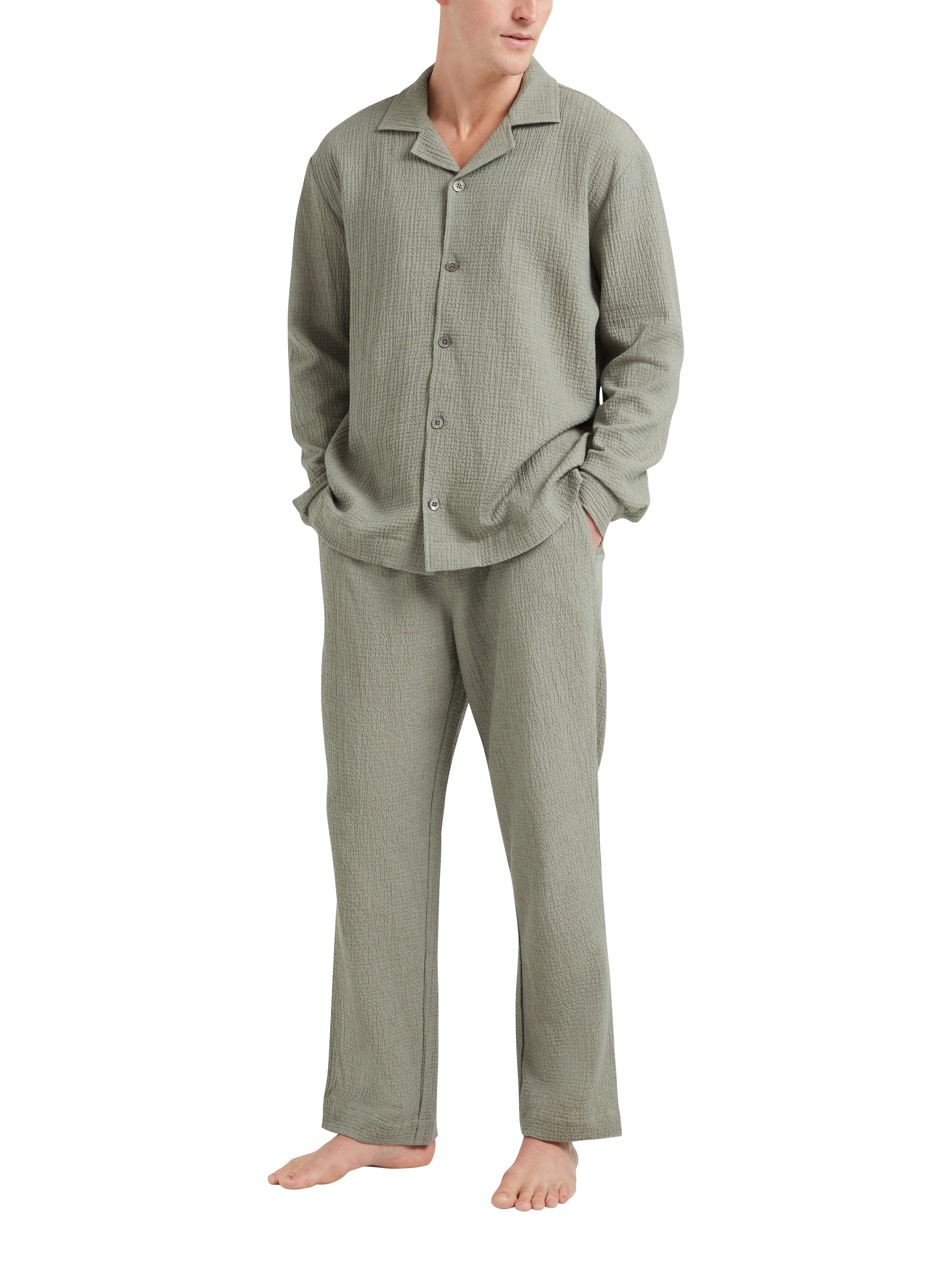 Product image 1 of 5, which shows CHÉ Studios Cotton Cashmere Blend Pyjama Trousers, Green Mid, S