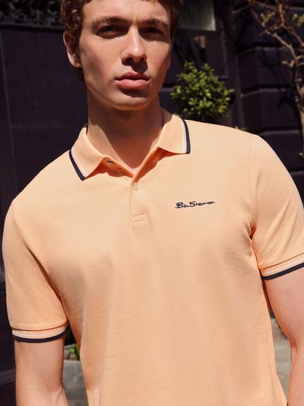 Ben Sherman Signature Short Sleeve Pique Cotton Polo Shirt - view 2, Coral Orange