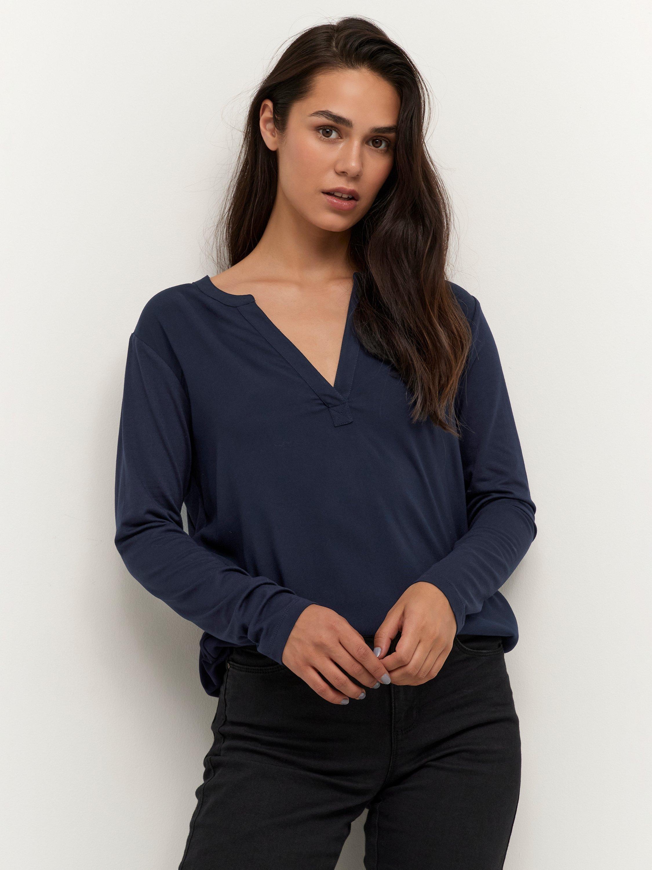 Product image 1 of 7, which shows KAFFE Kacalina Long Sleeve V Neck Blouse, Mid Blue, 8