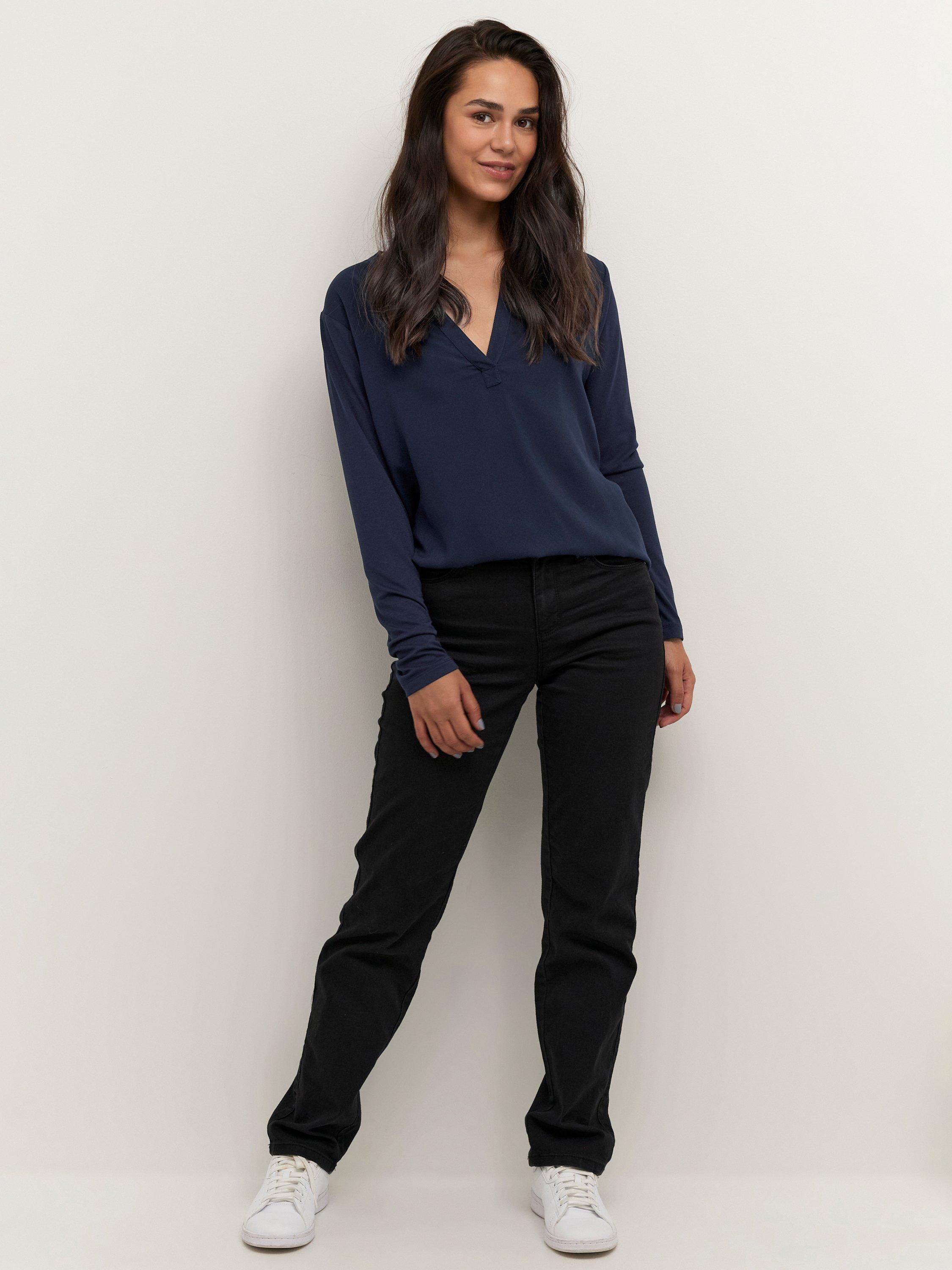 Product image 3 of 7, which shows KAFFE Kacalina Long Sleeve V Neck Blouse, Mid Blue, 8