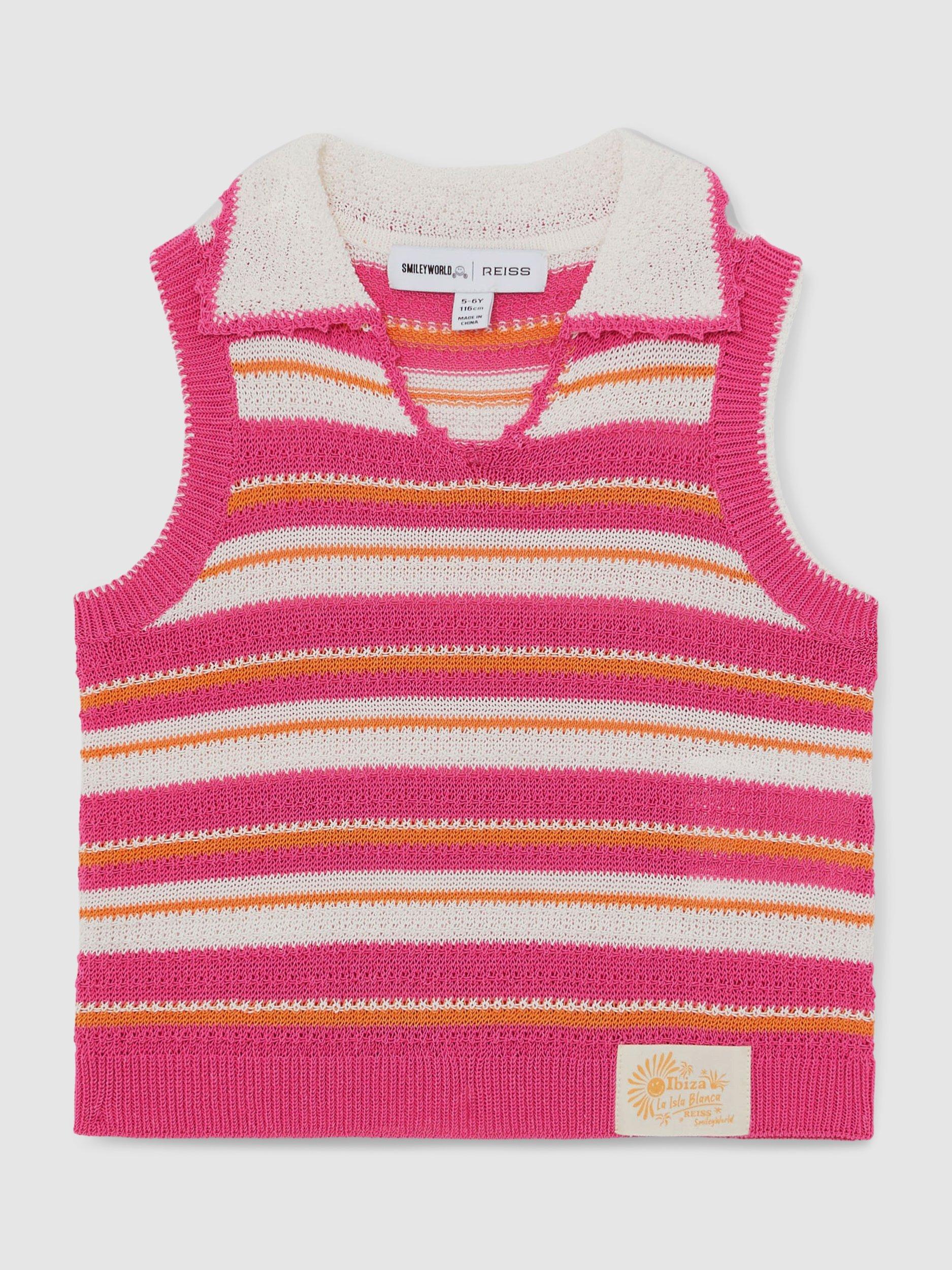 Product image 1 of 4, which shows Reiss Kids' Cotton Blend Sleeveless Collared Striped Vest, Pink, 4-5 years