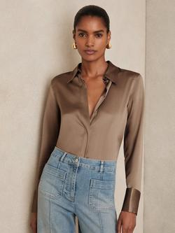 Reiss Ameira Pure Silk Shirt, Taupe Brown