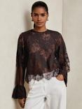 Reiss Emilia Floral Lace Top, Chocolate Brown