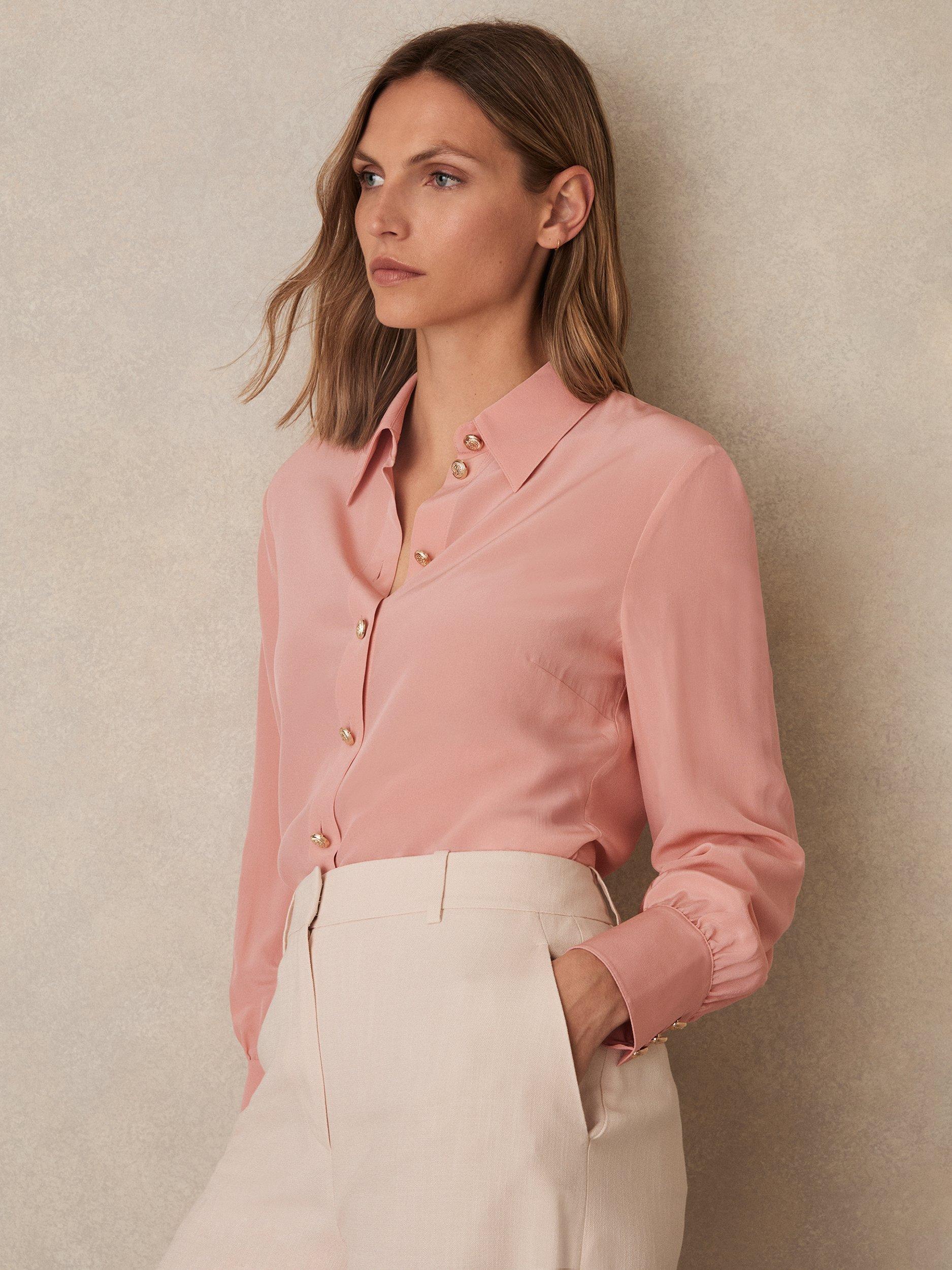 Product image 1 of 5, which shows Reiss Gianna Pure Silk Shirt, Pink, 8