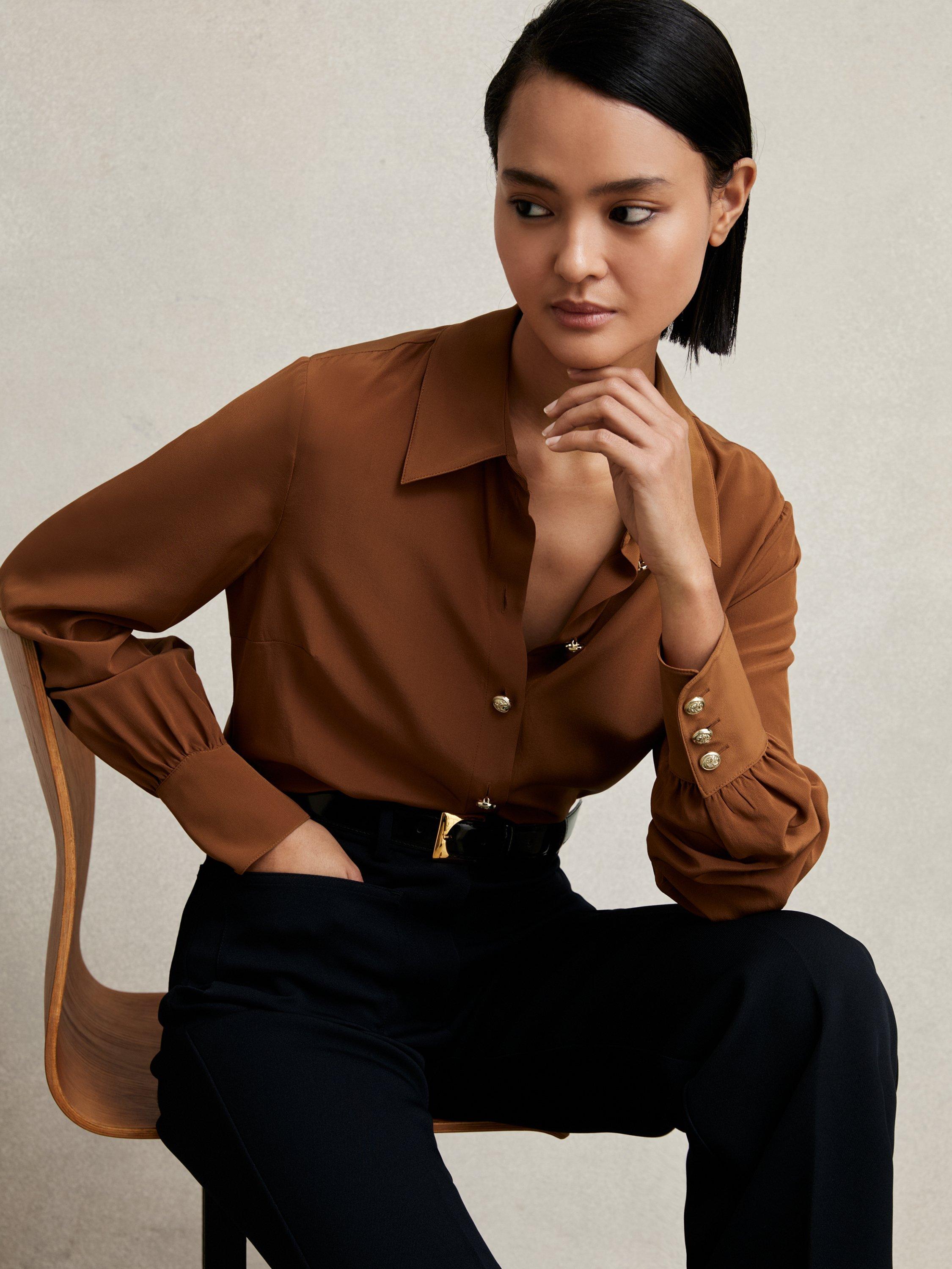Product image 1 of 5, which shows Reiss Gianna Pure Silk Shirt, Tan Brown, 8