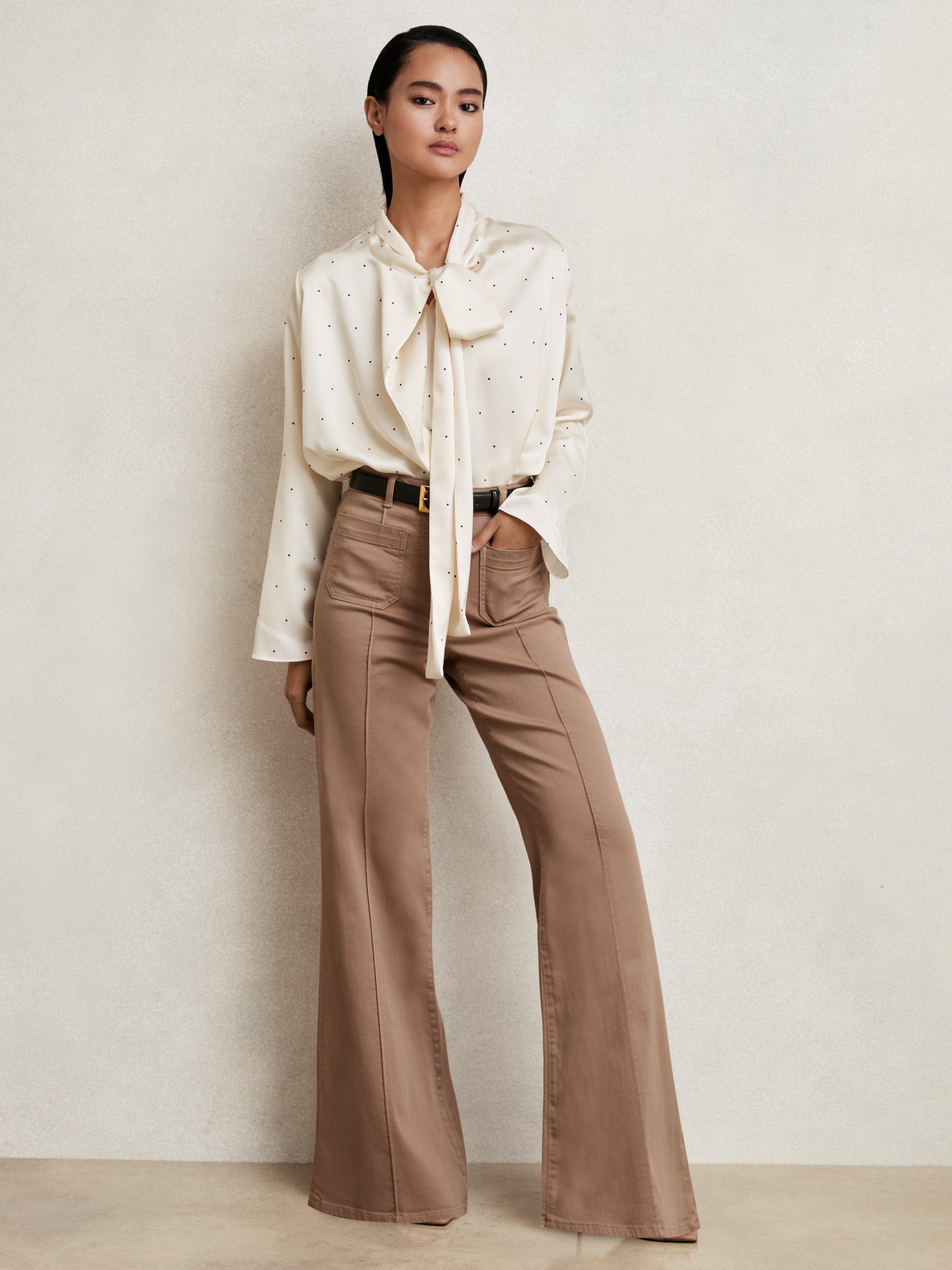 Product image 1 of 5, which shows Reiss Rina Spot Tie Neck Top, Ivory, 8