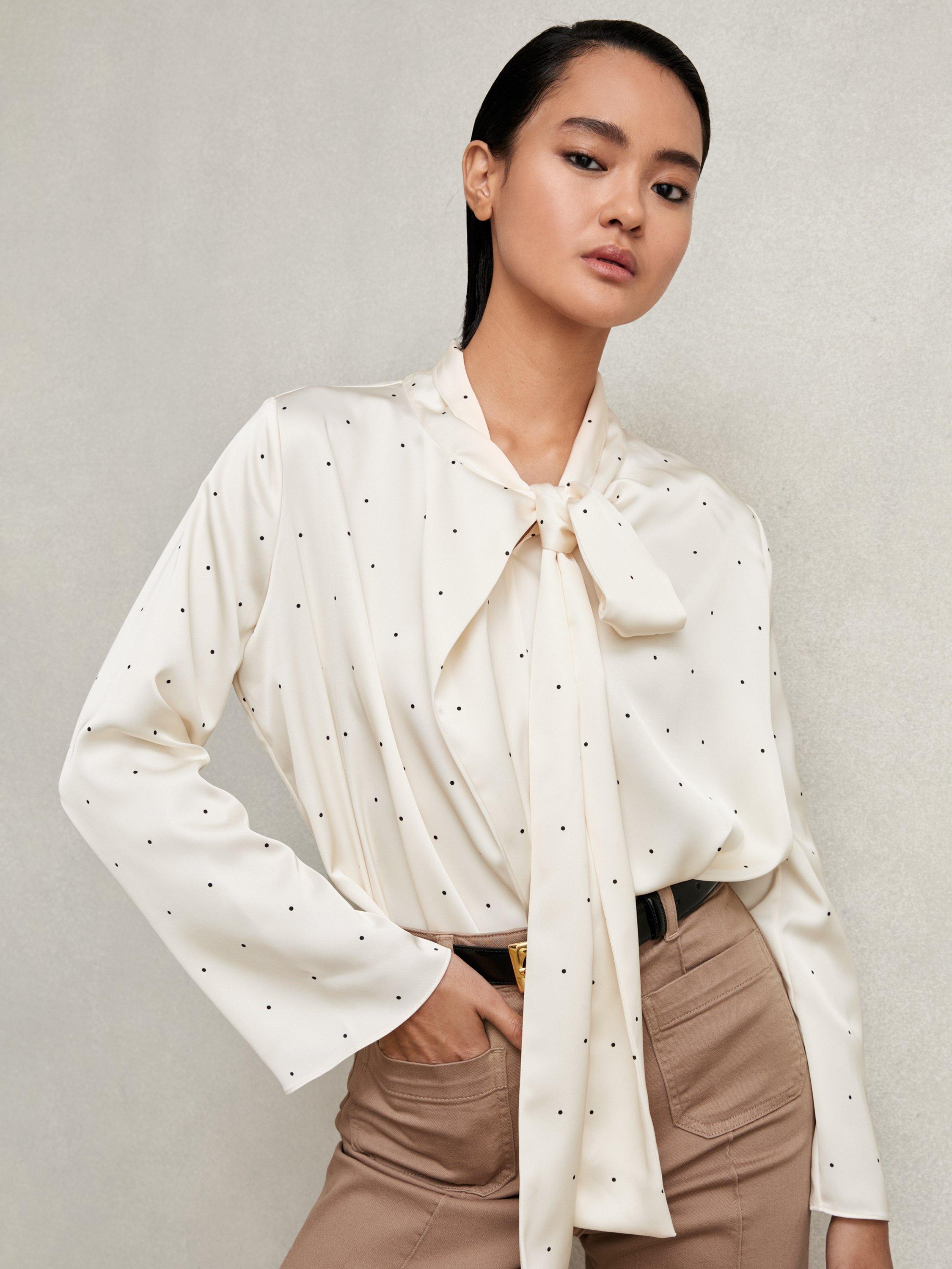 Product image 4 of 5, which shows Reiss Rina Spot Tie Neck Top, Ivory, 8