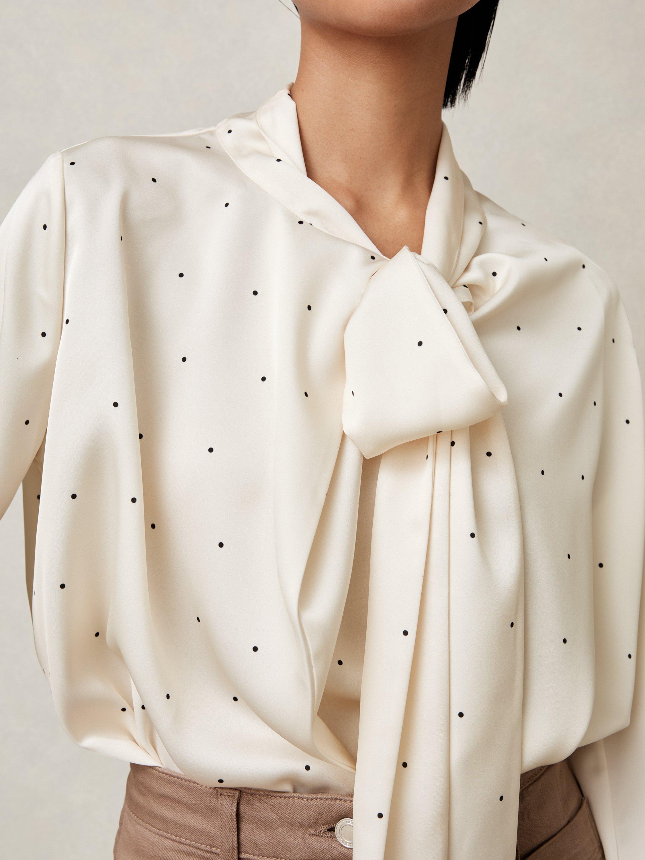 Product image 5 of 5, which shows Reiss Rina Spot Tie Neck Top, Ivory, 8
