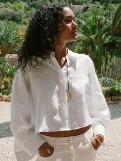 Reiss Solena Cropped Pure Linen Shirt, White, White