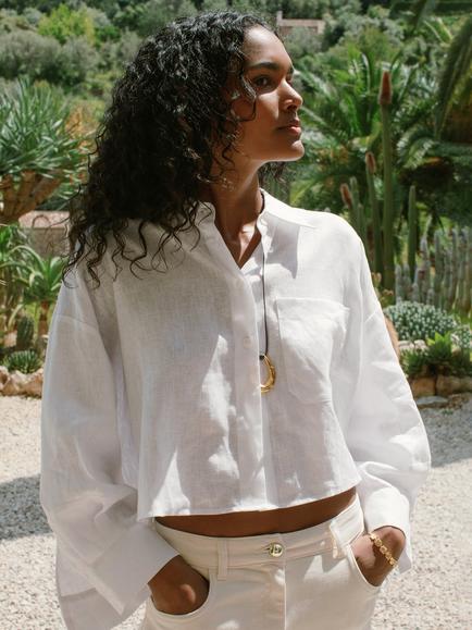 Reiss Solena Cropped Pure Linen Shirt, White, White