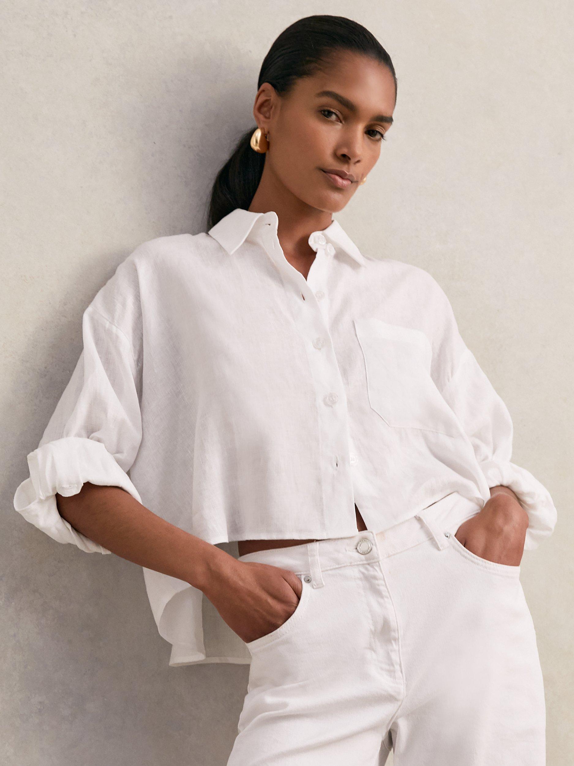 Product image 2 of 5, which shows Reiss Solena Cropped Pure Linen Shirt, White, 6