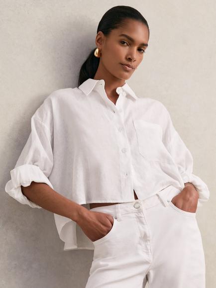 Reiss Solena Cropped Pure Linen Shirt, White - view 2, White
