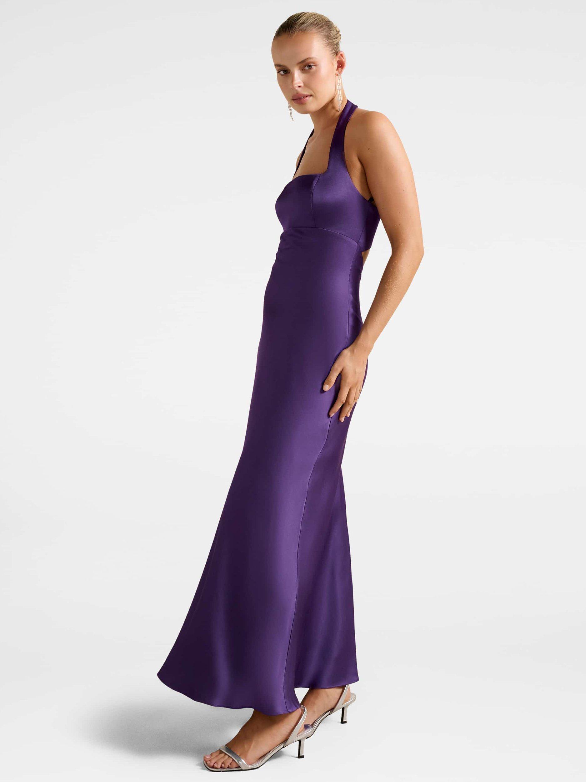 Product image 3 of 5, which shows Forever New April Open Back Satin Maxi Dress, Royal Purple, 4