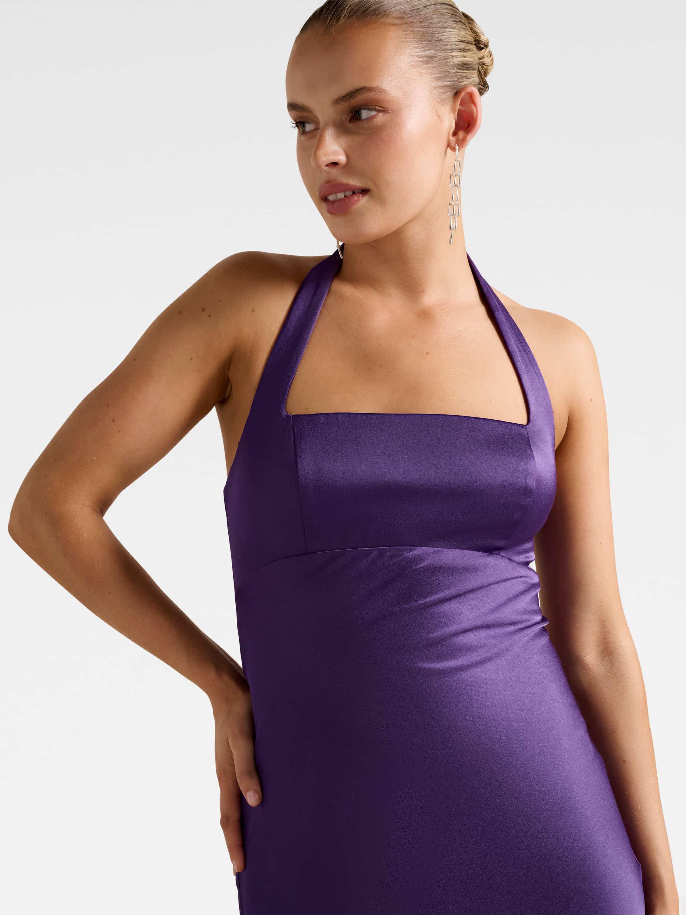 Product image 4 of 5, which shows Forever New April Open Back Satin Maxi Dress, Royal Purple, 4