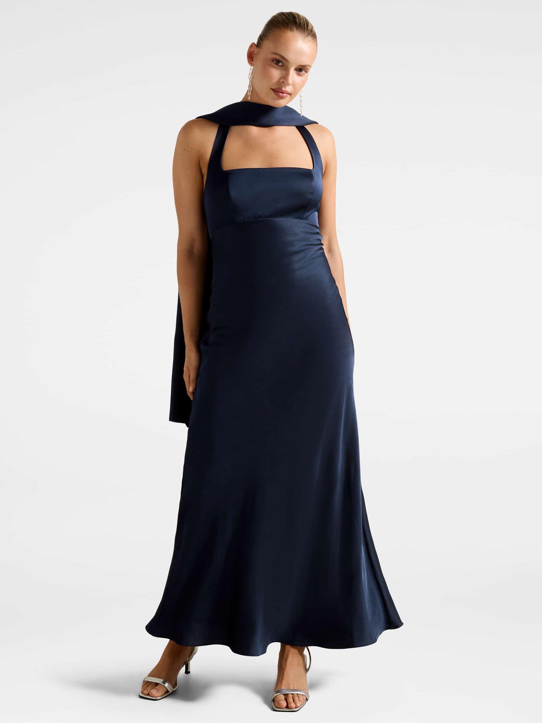 Product image 1 of 4, which shows Forever New April Open Back Satin Maxi Dress, Navy, 4
